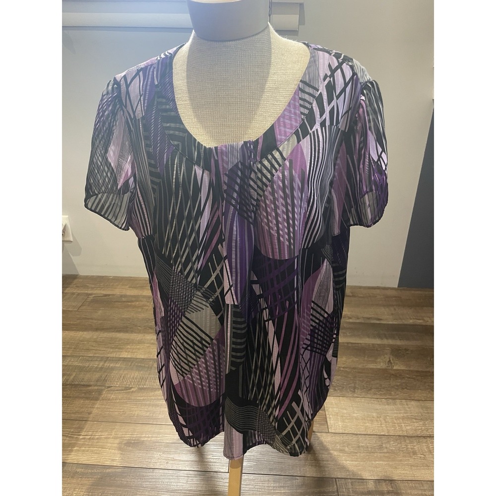 JM Collection Geometric Sheer Short Sleeve Top Purple & Black 18 Modest & Dressy